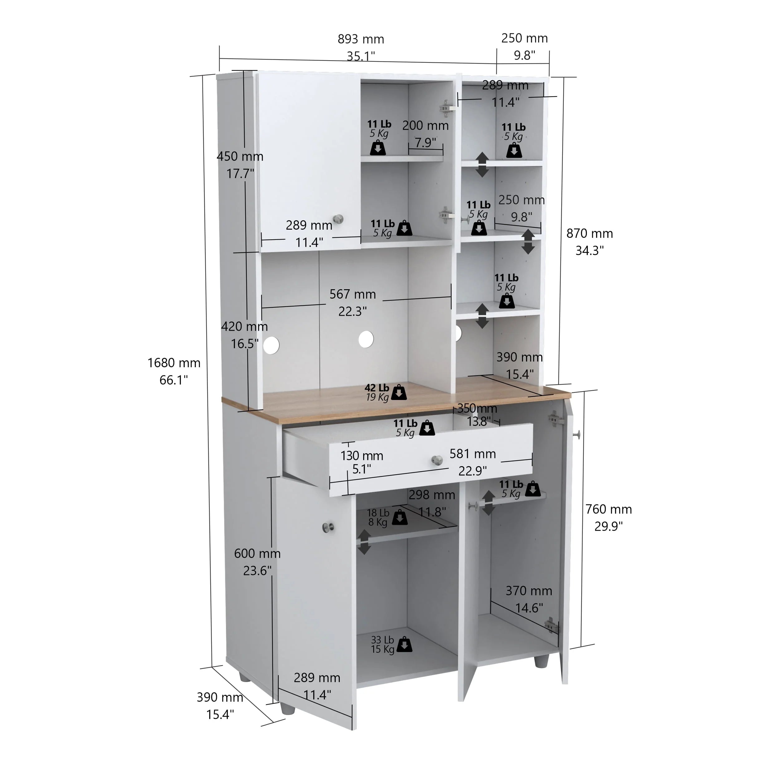 Inval 10-Shelf Kitchen Microwave Storage Cabinet (35 x 66 x 16), White/Maple