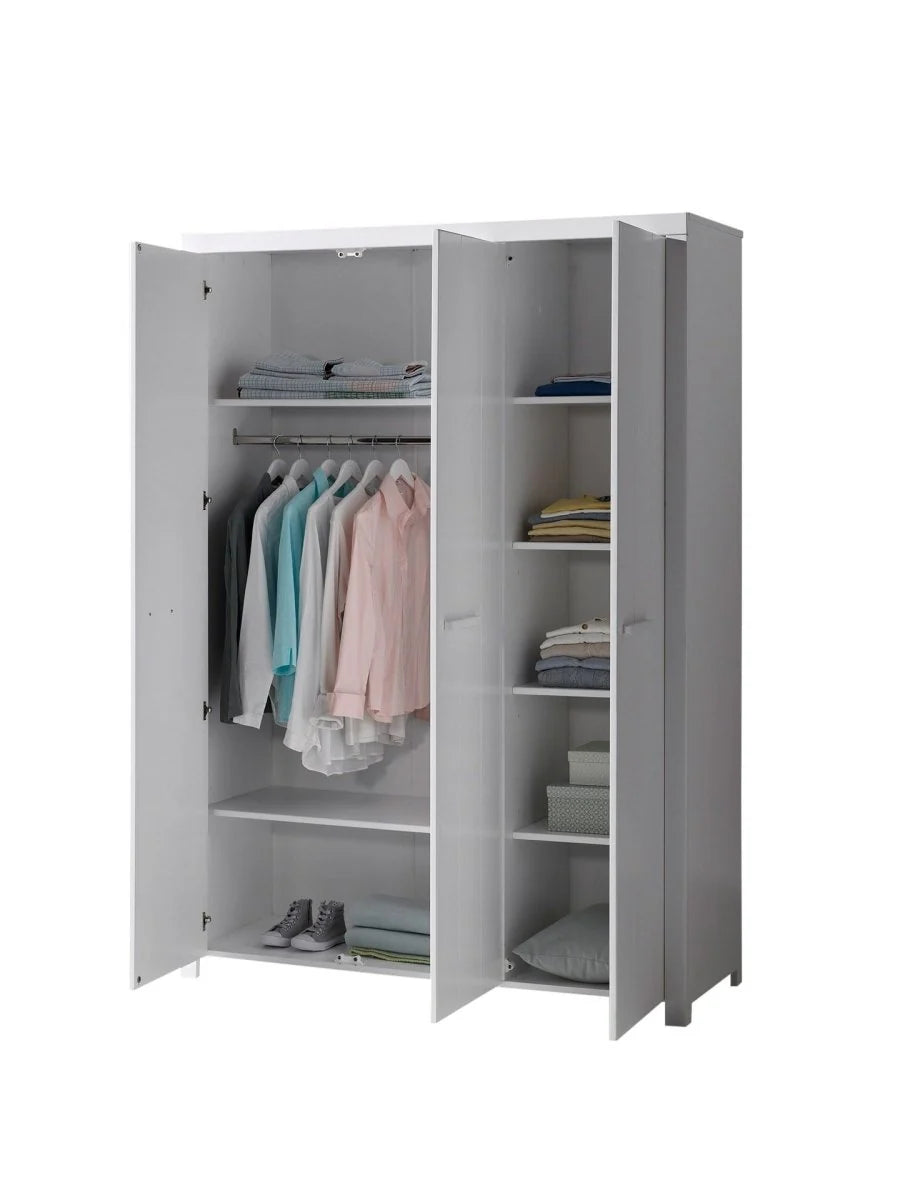Armoire enfant blanche 3 portes avec 6 étagères et tringle