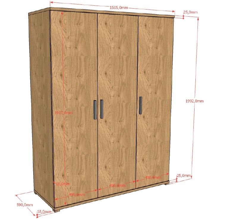 Armoire enfant effet chêne 3 portes avec 6 étagères et tringle