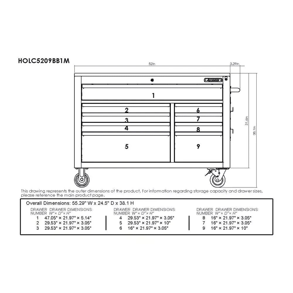52-Inch 9-Drawer Mobile Workbench with Adjustable Height Wood Top, Heavy Duty Rolling Tool Cabinet