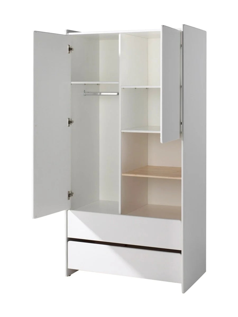 Armoire enfant blanche 2 portes avec 2 tiroirs et tringle