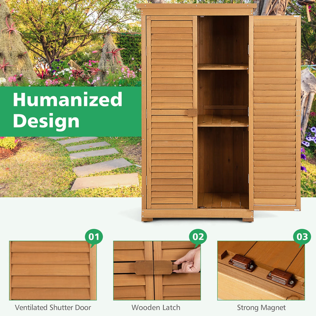 Costway Waterproof Fir Wood Storage Shed Garden, 34.5" x 16.5" x 63", Natural