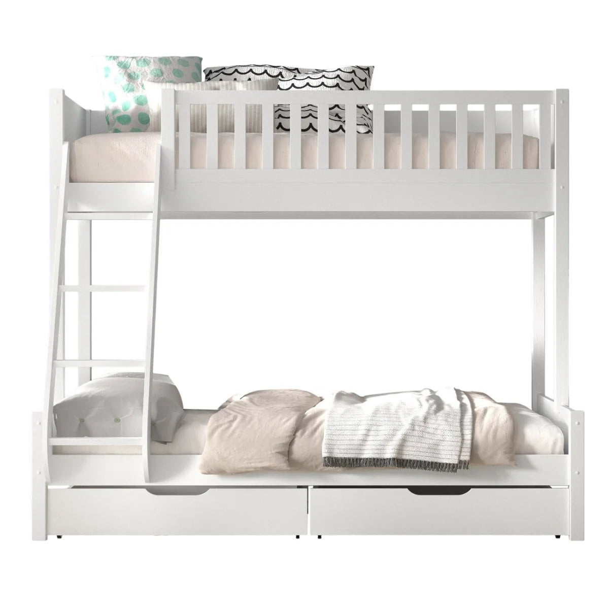 Lit superposé enfant blanc 3 places avec deux tiroirs de rangement