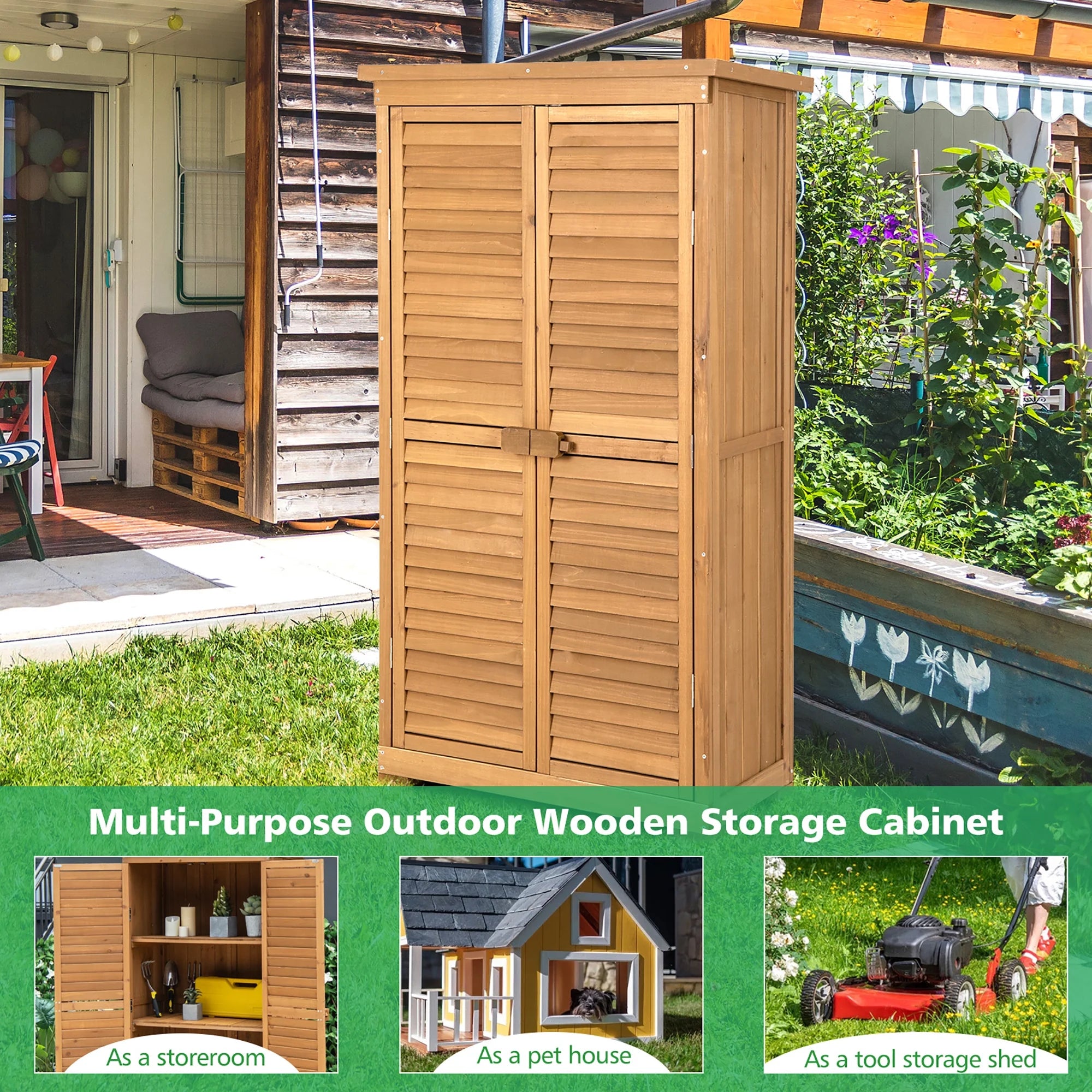 Costway Waterproof Fir Wood Storage Shed Garden, 34.5" x 16.5" x 63", Natural