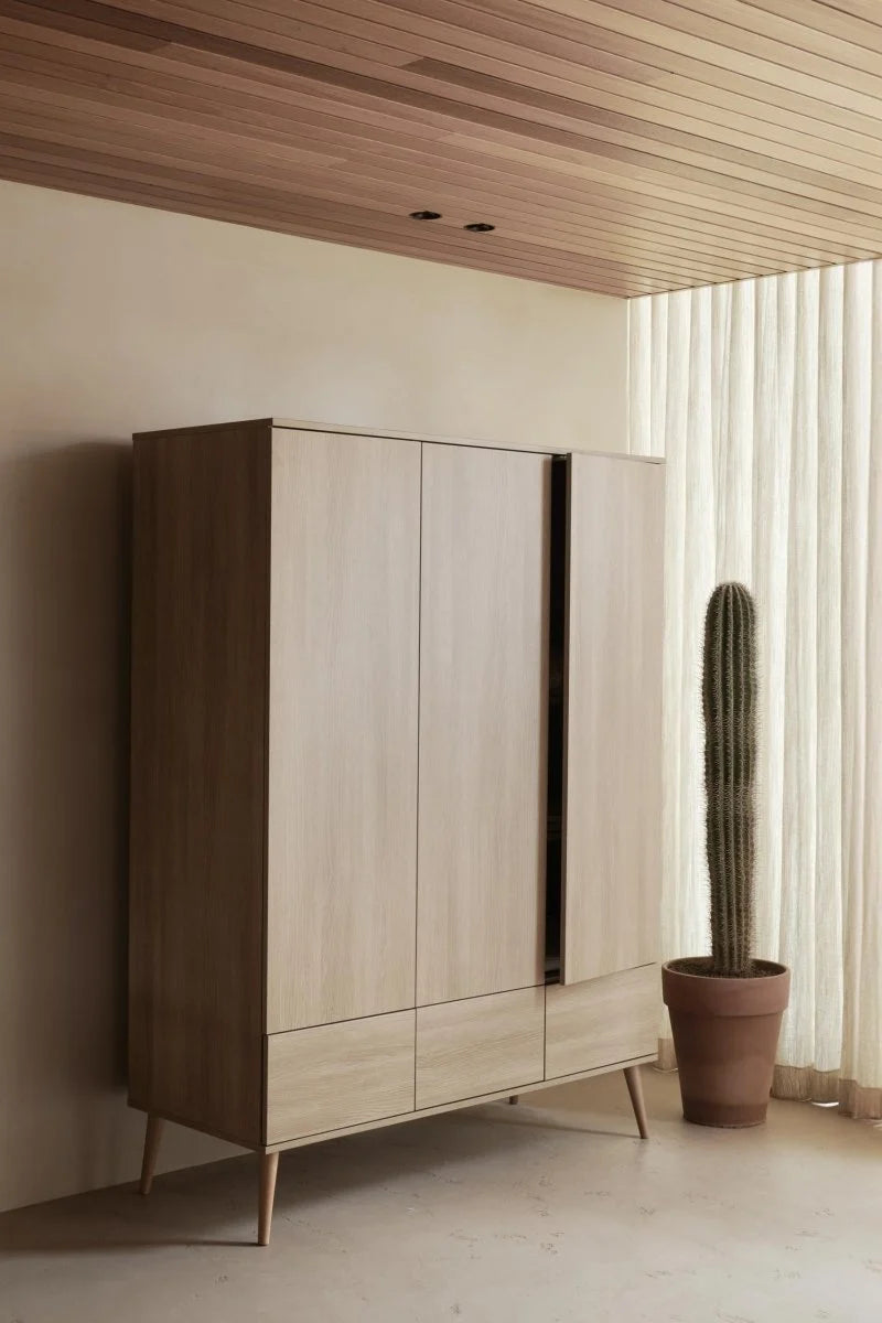 Grande armoire enfant frêne miel 3 portes avec tiroirs et penderies