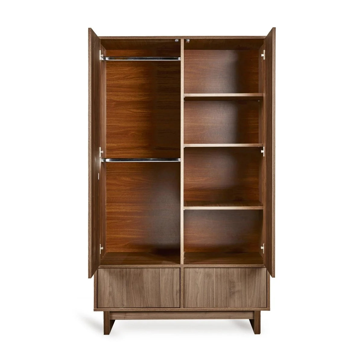 Armoire noyer 2 portes avec tiroirs, penderies et étagères réglables