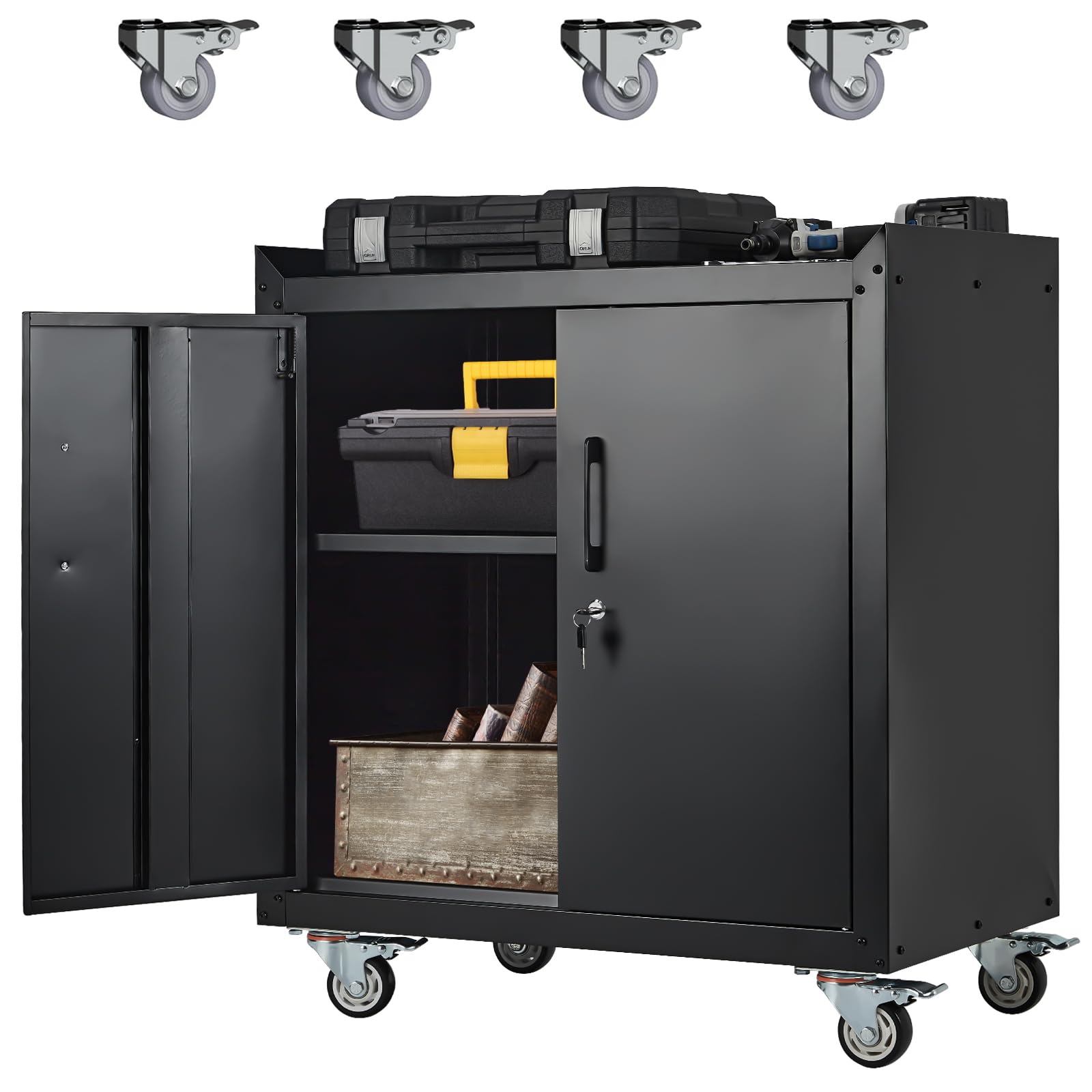 Rolling Garage Storage Cabinet with Wheels - Metal Lockable Tool Cabinet with Adjustable Shelves