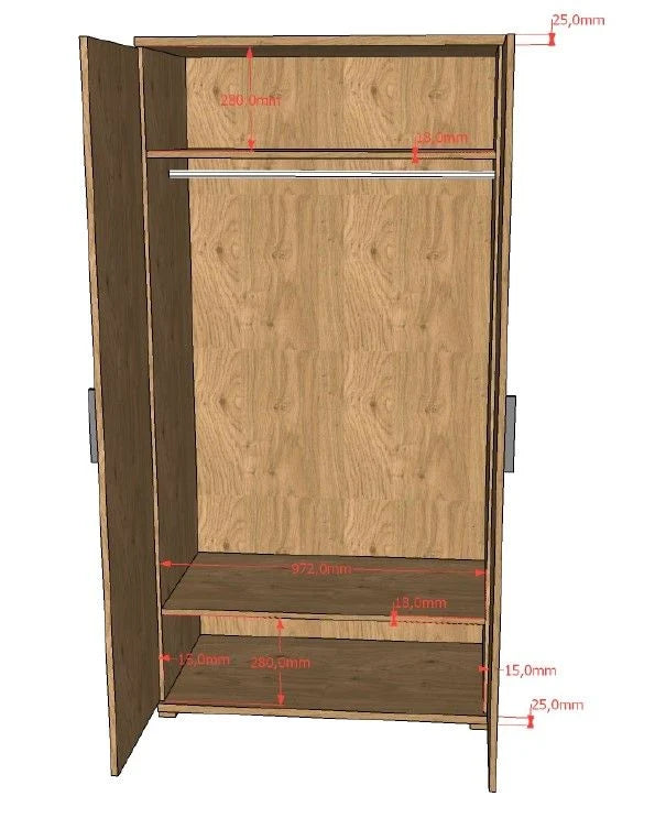 Armoire enfant chêne 2 portes avec étagères et tringle à vêtements