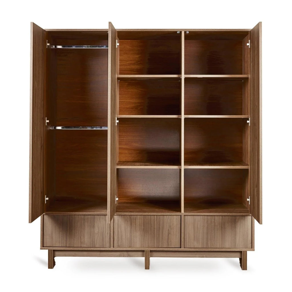 Grande armoire noyer 3 portes avec tiroirs, penderies et étagères