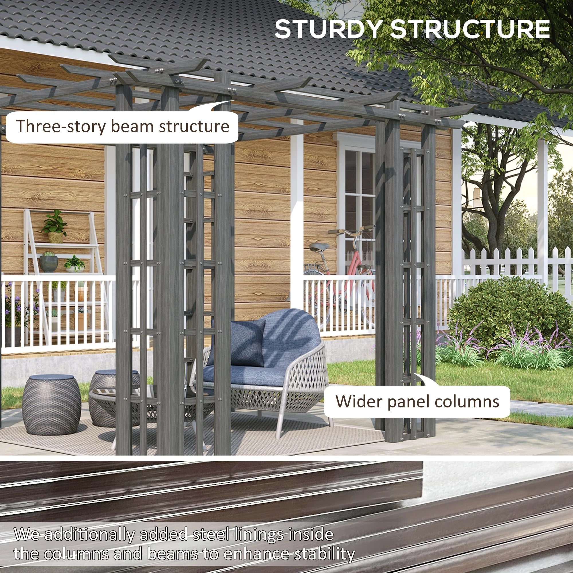 Outsunny 9' x 9' x 7' Dark Grey Vinyl Pergola, Flat Top, Adjustable Canopy