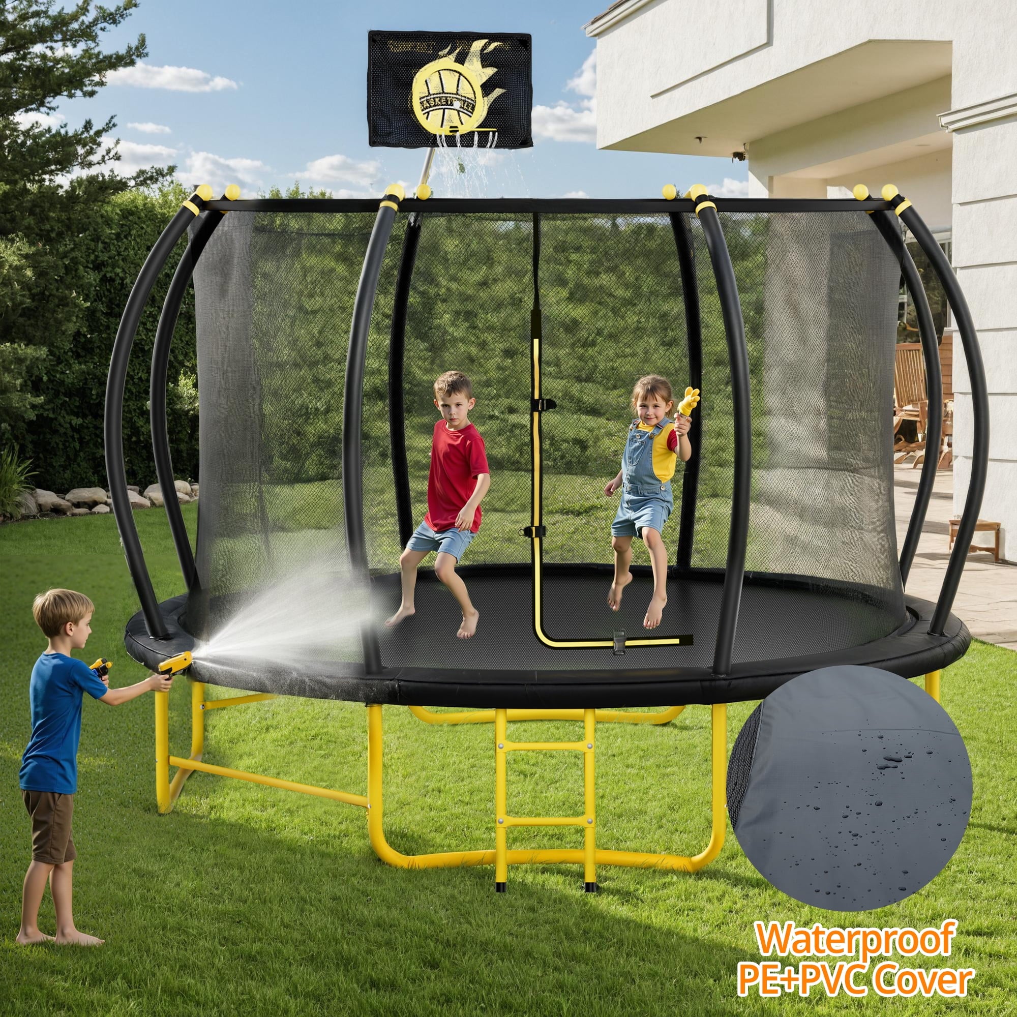 JAMPOOCA Pumpkin Trampoline with Enclosure for Kids and Adults, Black/Yellow, 63.78" x 17.72" x 8.66"