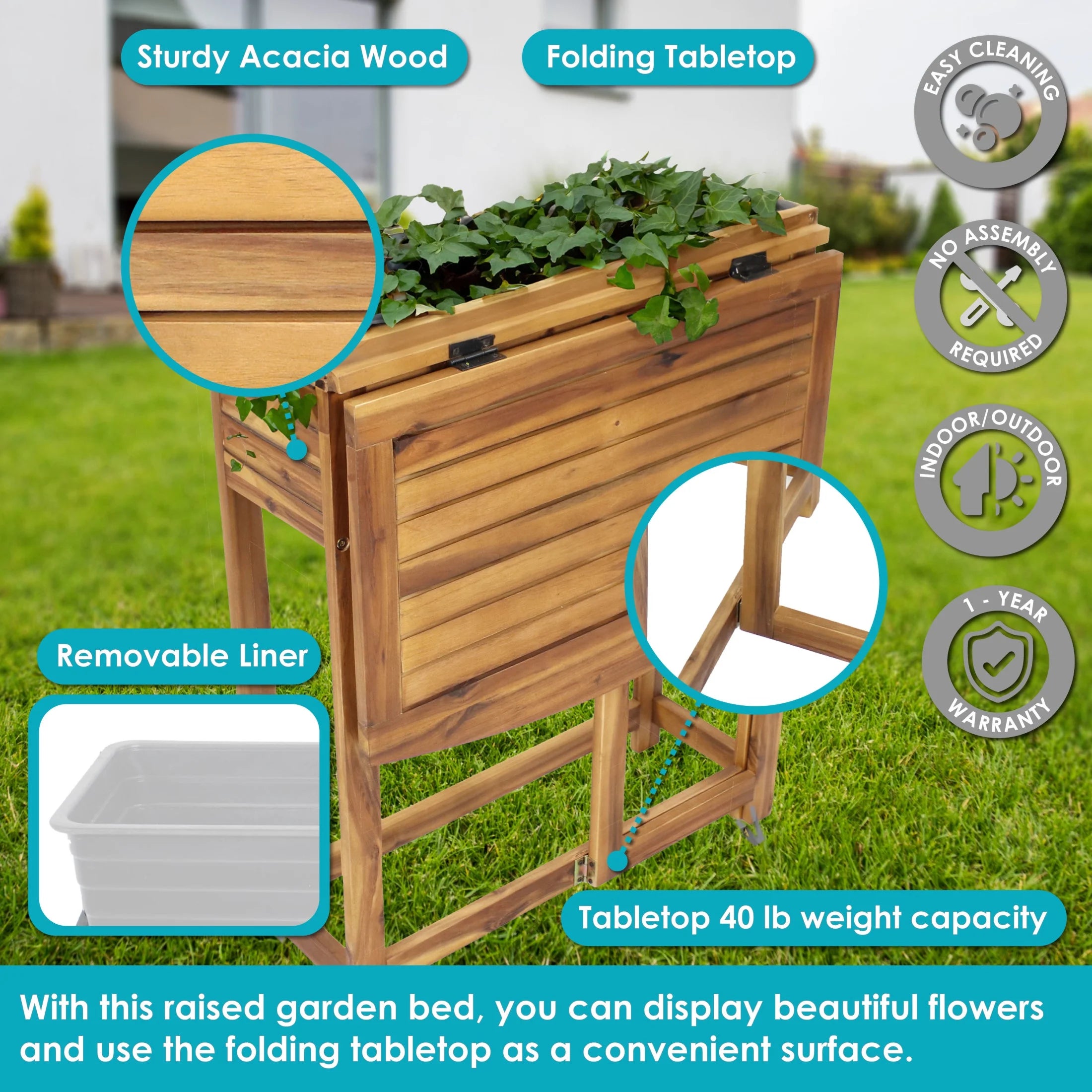 Sunnydaze 24.25" x 25" x 30.5" Natural Acacia Wood Rectangular Raised Garden Bed with Shelf