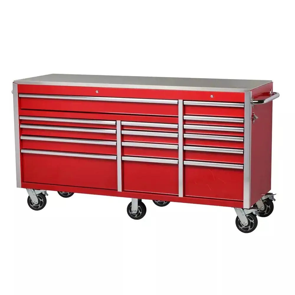72 in. 15-Drawer Mobile Workbench with Stainless Steel Top - Heavy Duty Rolling Tool Cabinet with Power Strip