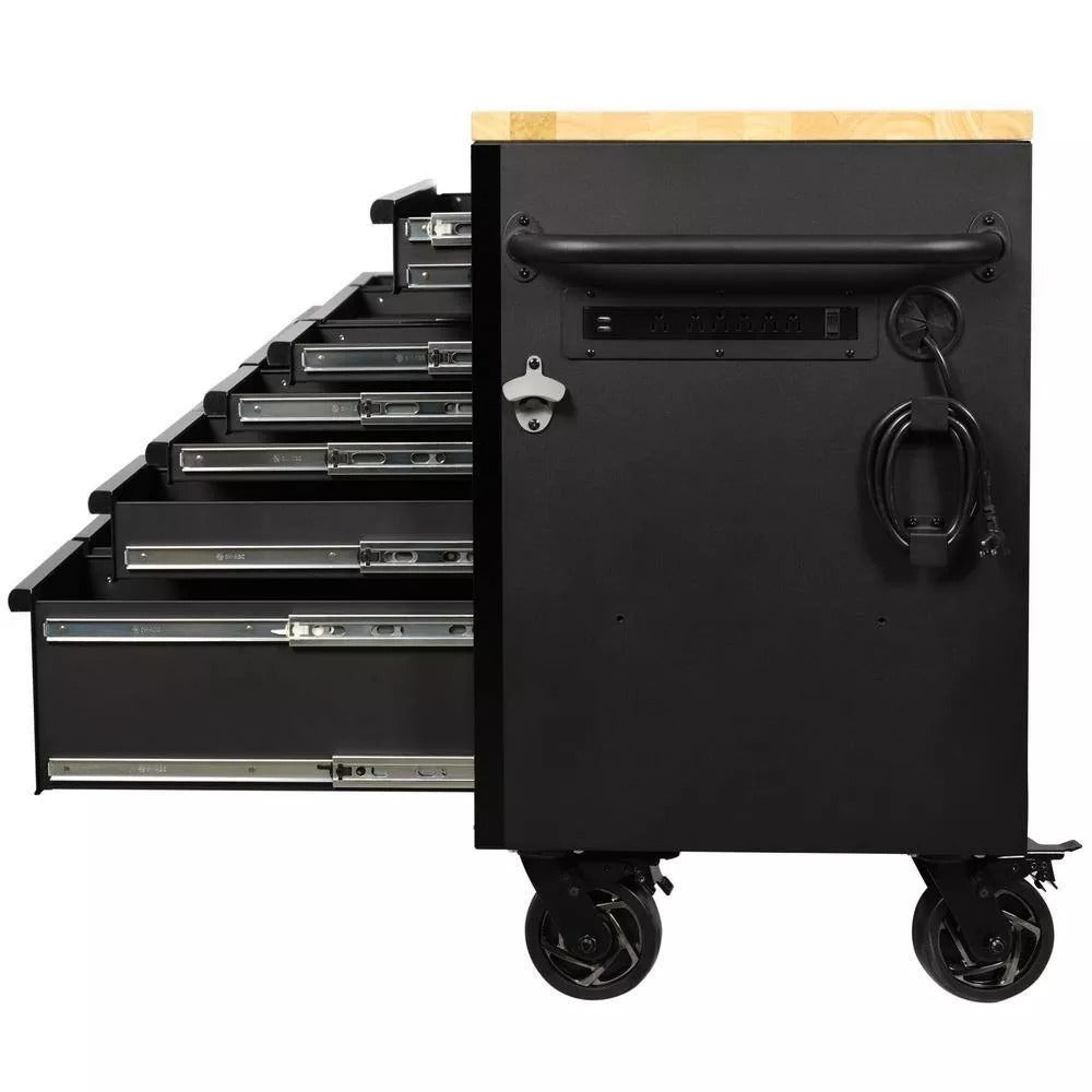 61 Inch 15 Drawer Mobile Workbench - Heavy Duty Steel Tool Cabinet with Wood Top and Power Strip
