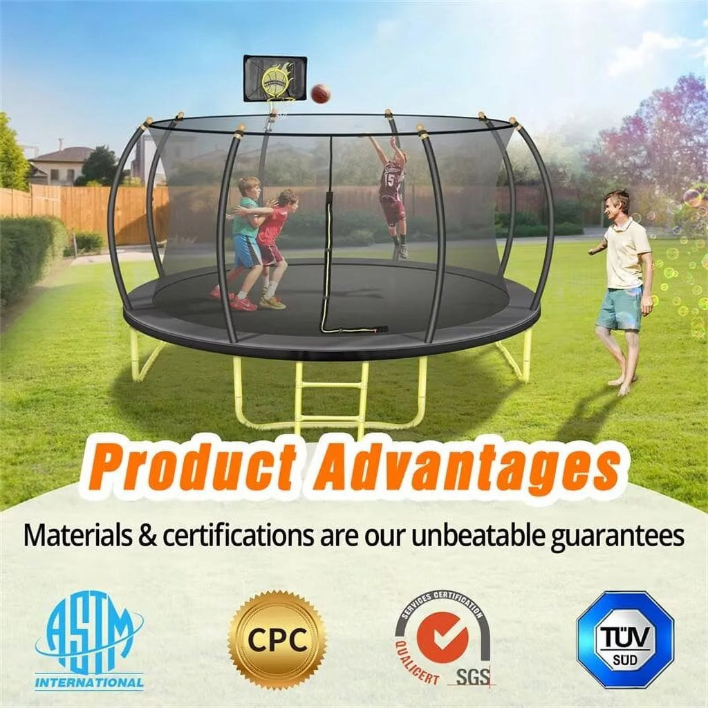 JAMPOOCA Pumpkin Trampoline with Enclosure for Kids and Adults, Black/Yellow, 63.78" x 17.72" x 8.66"