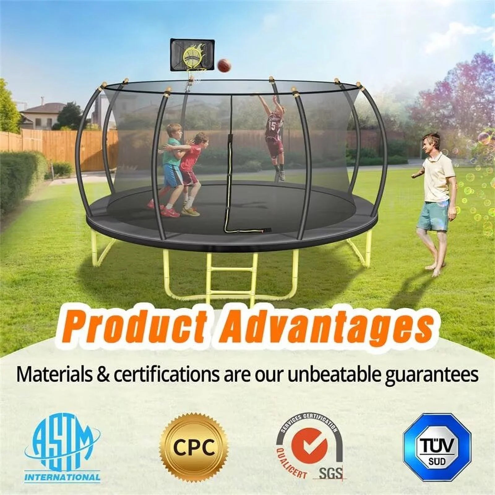 JAMPOOCA Pumpkin Trampoline with Enclosure for Kids and Adults, Black/Yellow, 63.78" x 17.72" x 8.66"