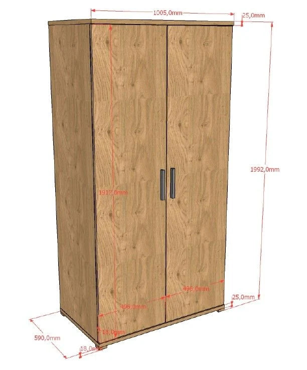 Armoire enfant chêne 2 portes avec étagères et tringle à vêtements