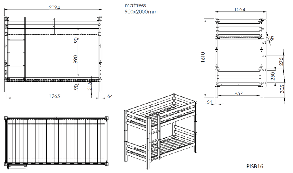 Lit superposé enfant blanc 90x200 cm hauteur 161 cm en pin massif avec sommier