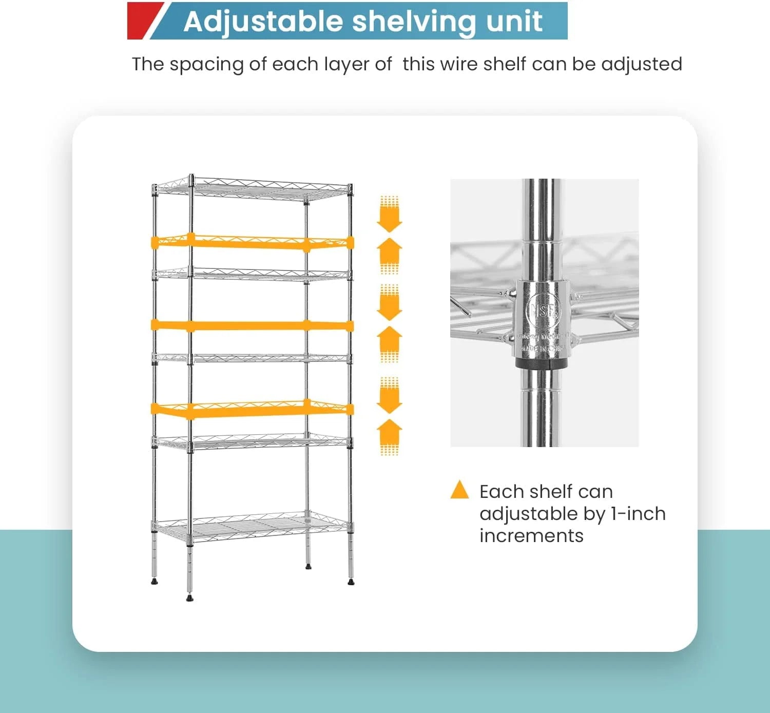 FDW Adjustable Storage Shelves Metal Storage Shelf(Chrome, 21.5L x 11.6W x 47.6H)