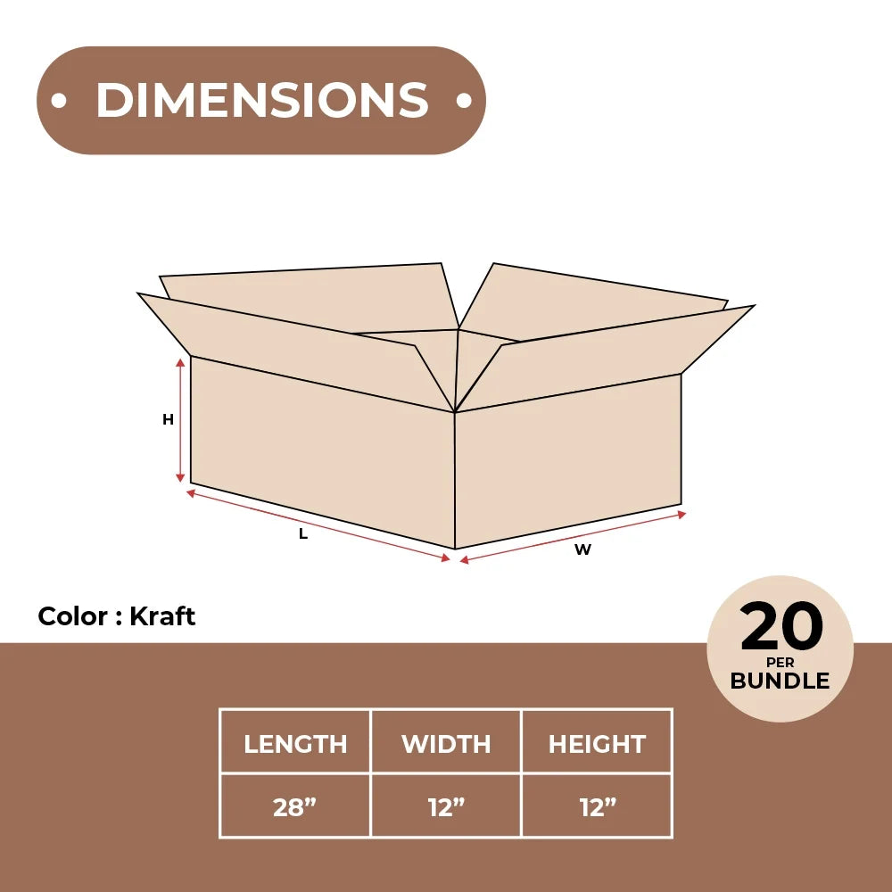 28 x 12 x 12", 20/Case SSBM-Long Corrugated Kraft Boxes ECT-32