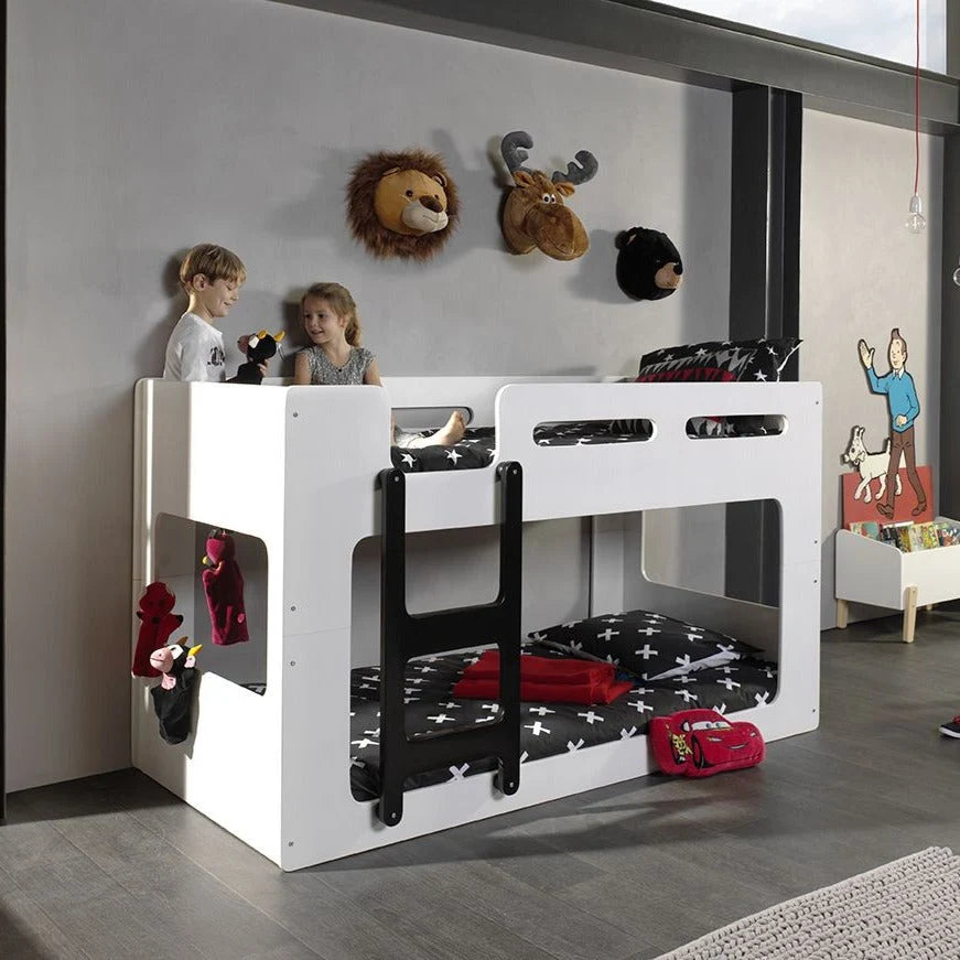 Lit superposé enfant blanc 90x200 cm avec escalier et sommier inclus