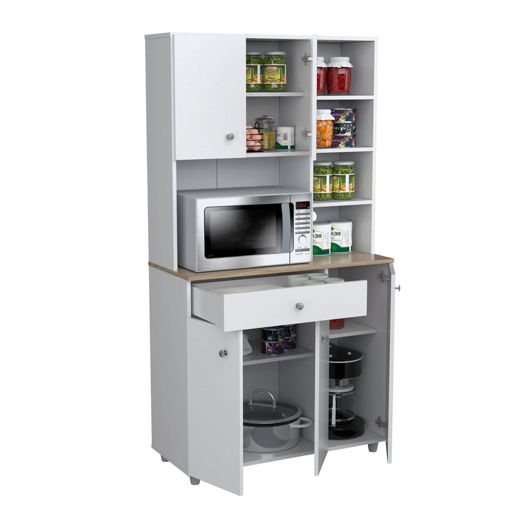 Inval 10-Shelf Kitchen Microwave Storage Cabinet (35 x 66 x 16), White/Maple