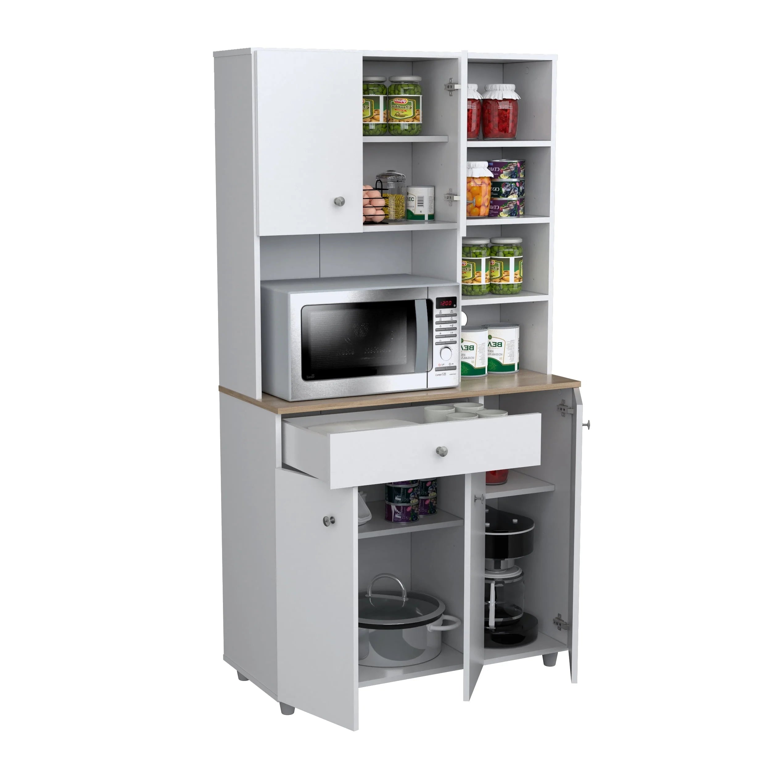 Inval 10-Shelf Kitchen Microwave Storage Cabinet (35 x 66 x 16), White/Maple