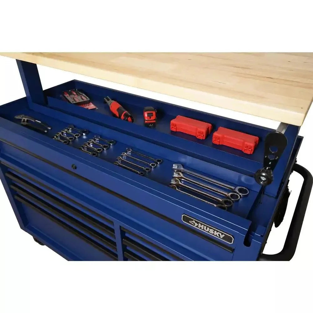 52-Inch 9-Drawer Mobile Workbench with Adjustable Height Wood Top, Heavy Duty Rolling Tool Cabinet