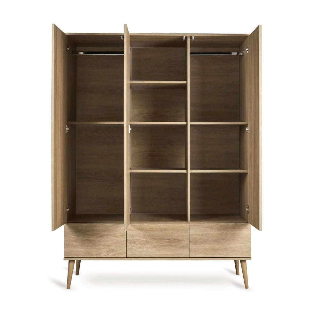 Grande armoire enfant frêne miel 3 portes avec tiroirs et penderies