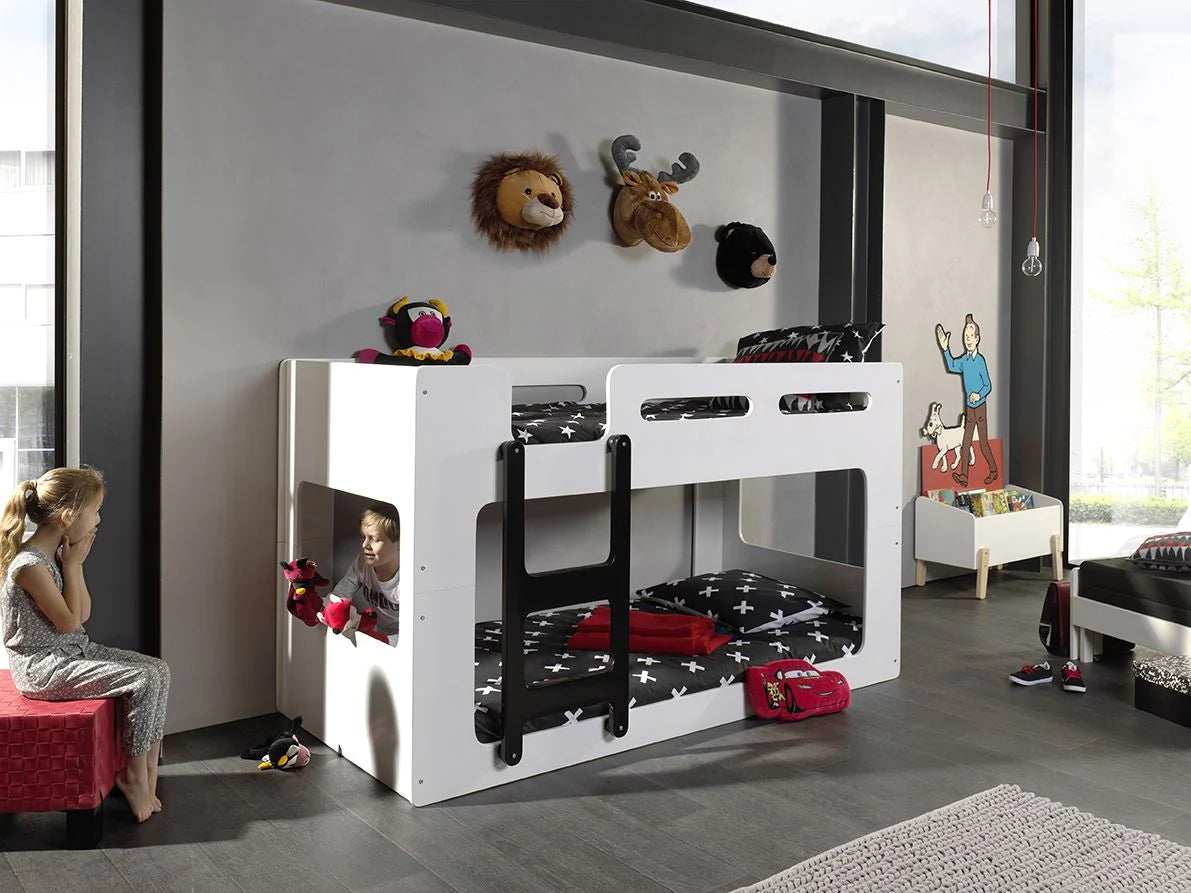 Lit superposé enfant blanc 90x200 cm avec escalier et sommier inclus