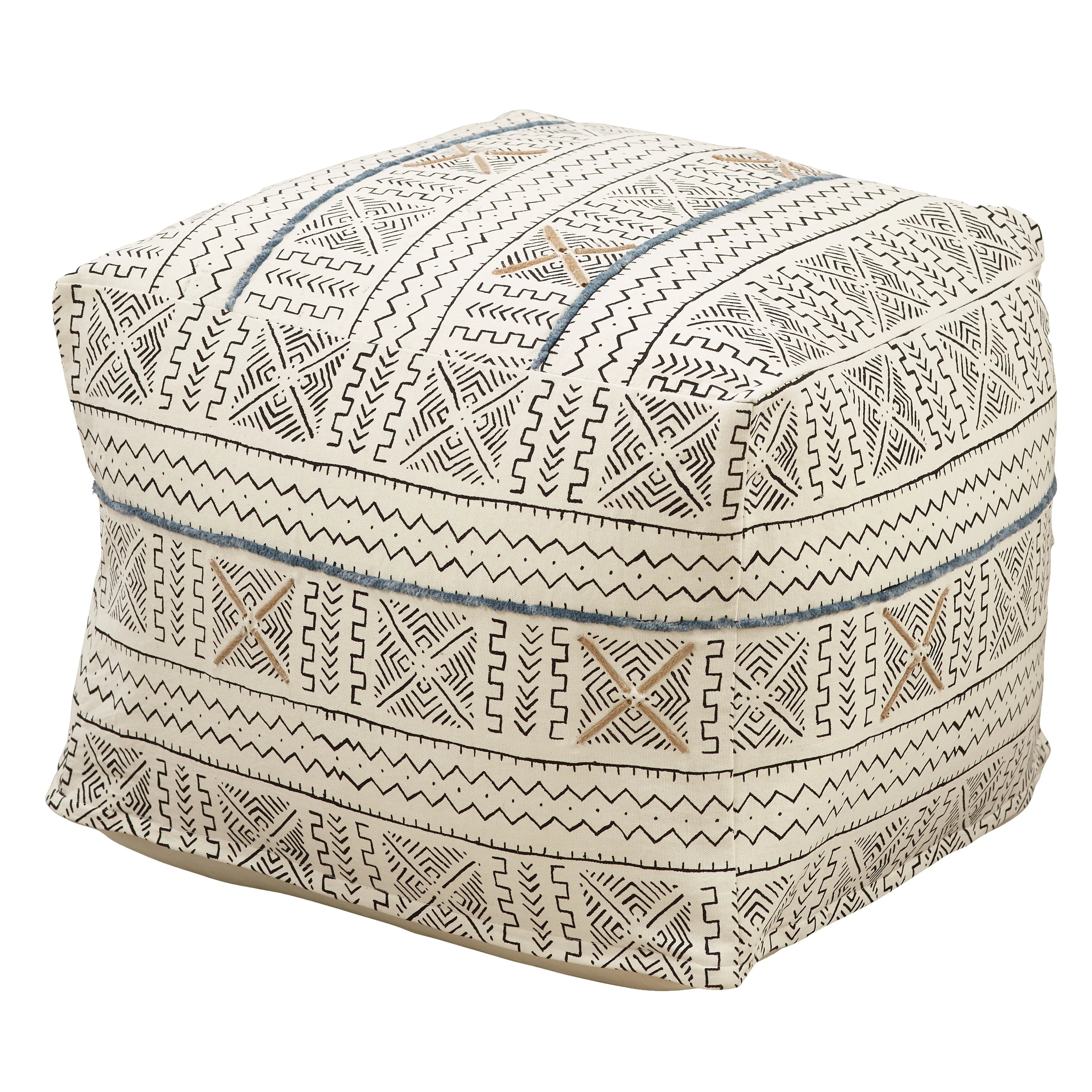 Saro Lifestyle PU663.W 20 x 20 x 14 in. Abstract Design Mudcloth Pouf, White