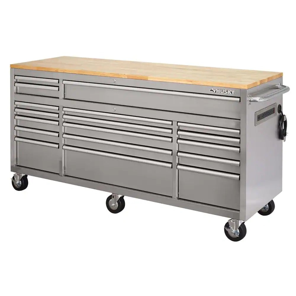 72 Inch Mobile Workbench with 18 Drawers - Stainless Steel Rolling Tool Cabinet with Wood Top
