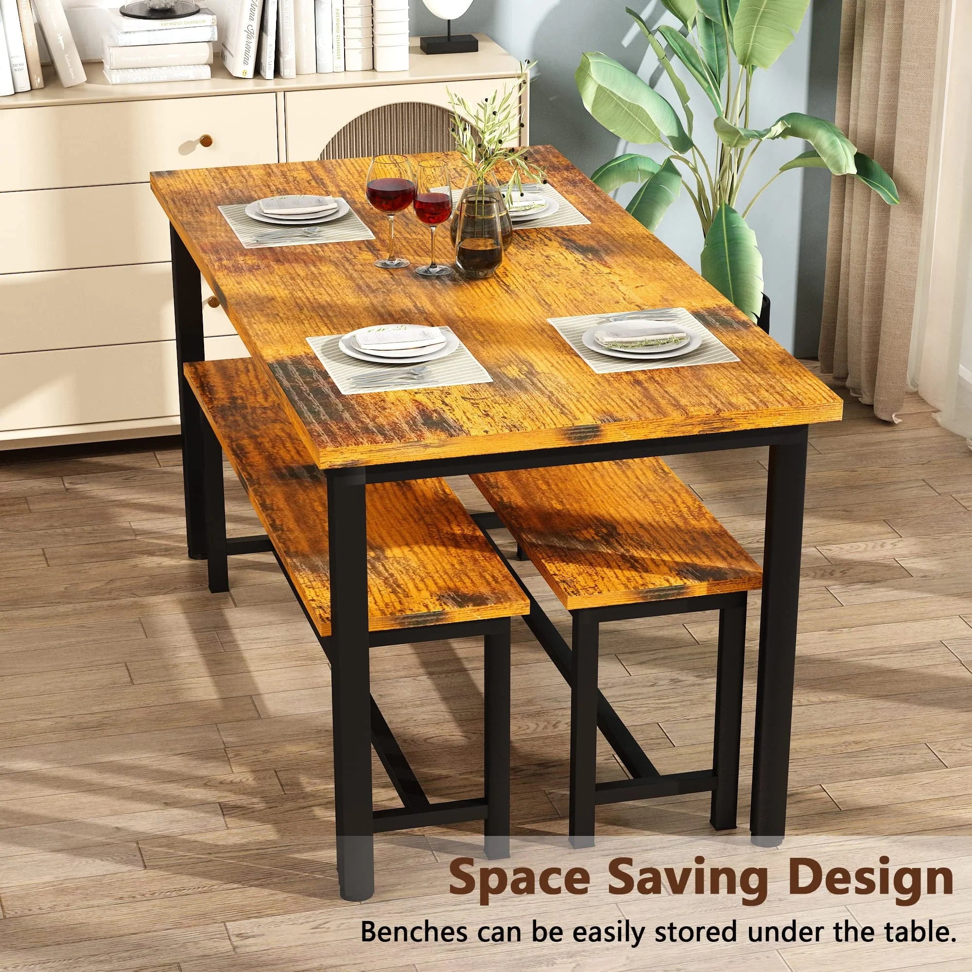 AWQM Dining Table Set with Two Benches, Kitchen Table Set for 4-6 Persons, Kitchen Table of 43.4 x 23.7 x 28.6 Inches, Bench of 38.6 x 11.9 x 17.6 Inches Each, Rustic Brown and Black
