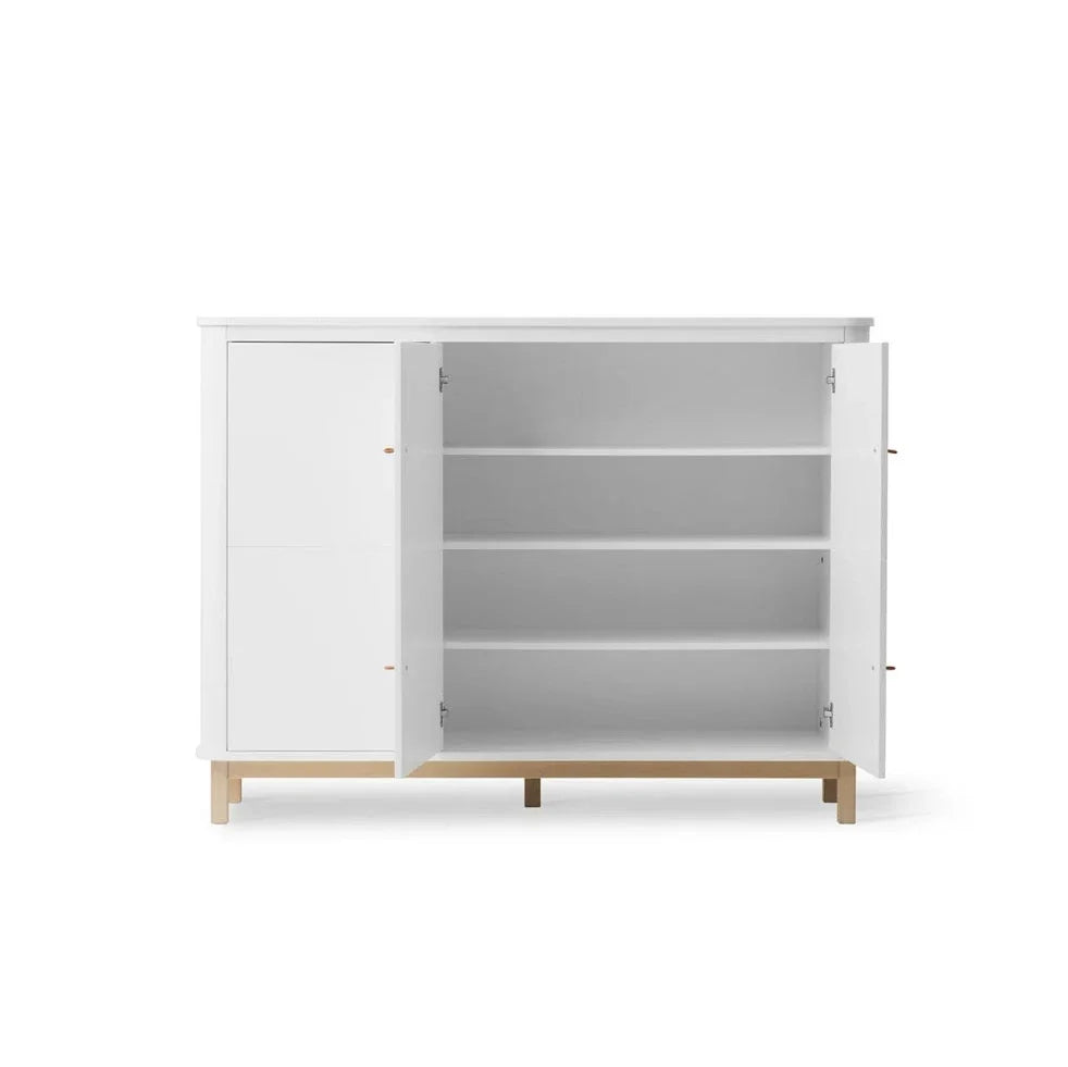 Armoire blanc et chêne 3 portes avec étagères et patères rétractables