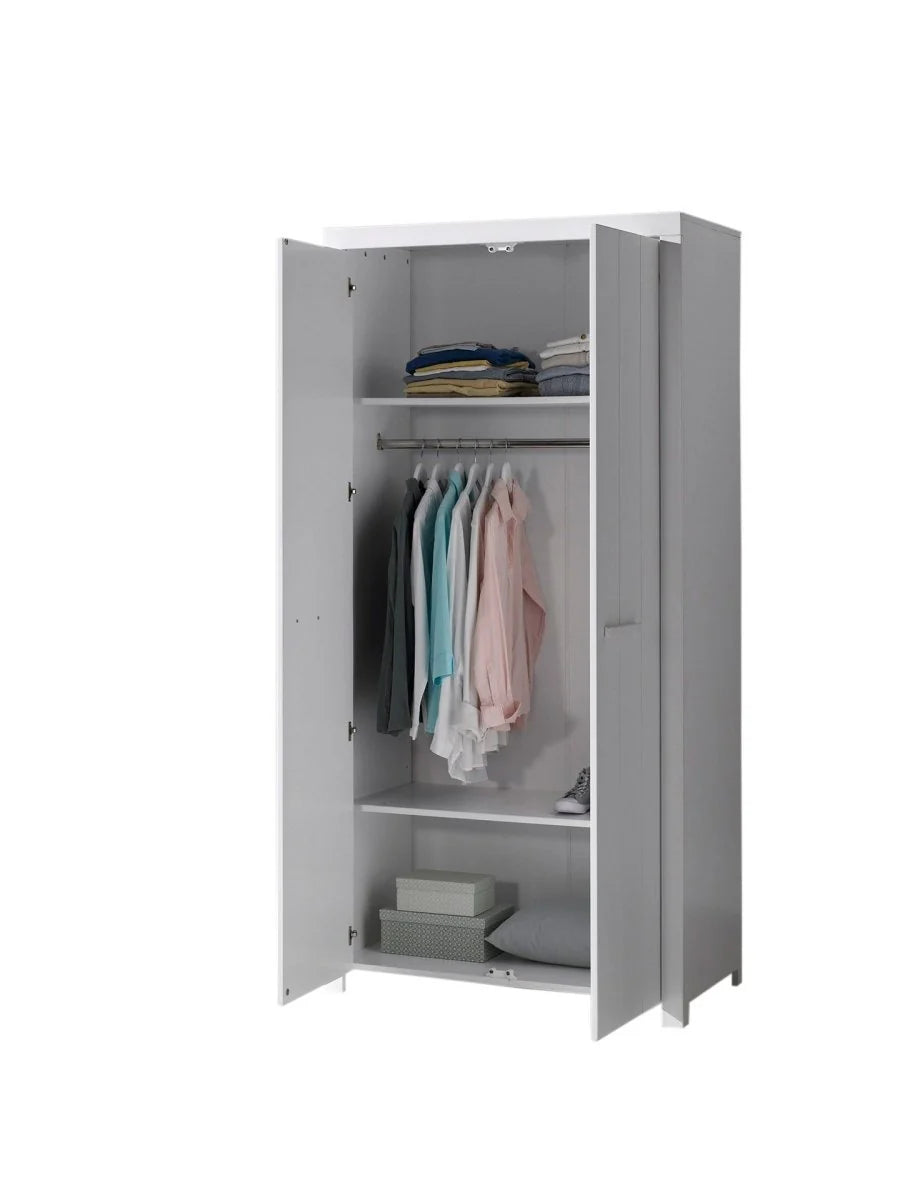 Armoire enfant 2 portes blanche en pin massif avec étagères et tringle
