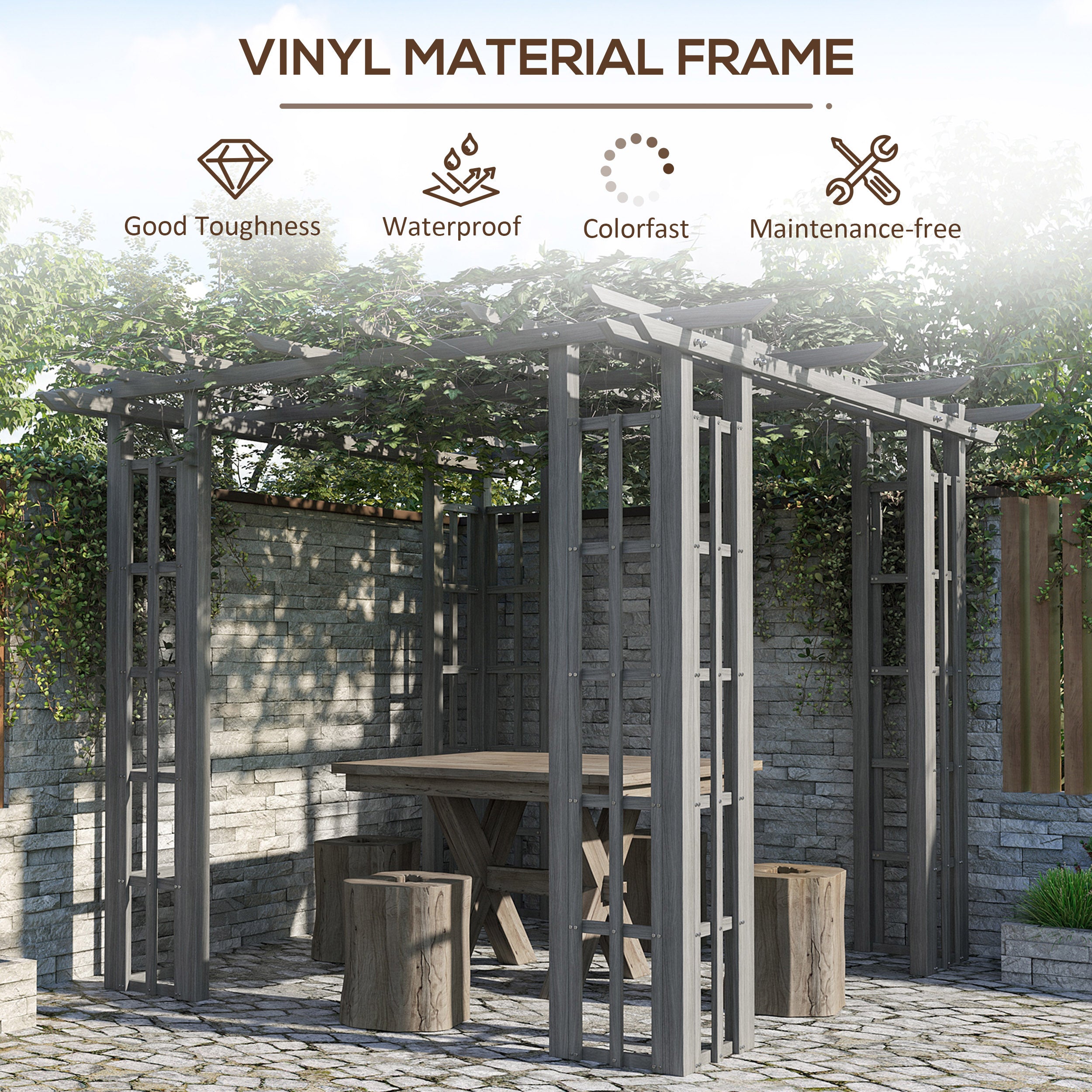 Outsunny 9' x 9' x 7' Dark Grey Vinyl Pergola, Flat Top, Adjustable Canopy