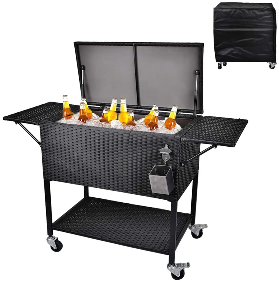 80 Quart Rolling Cooler Cart - Wicker Outdoor Ice Chest with Insulated Storage, Wheels and Bottle Opener