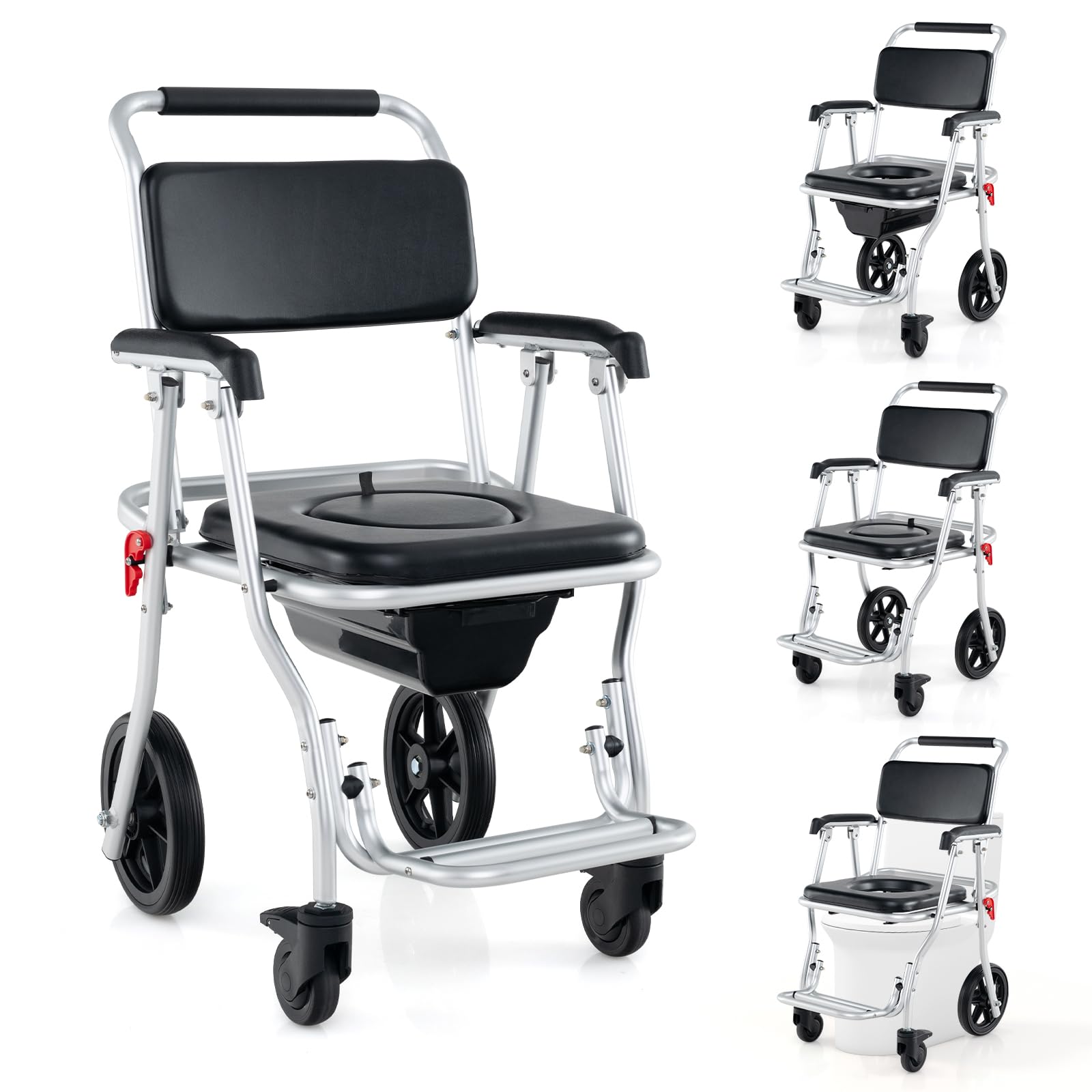 4-in-1 Rolling Shower Commode Wheelchair - Folding Toilet Chair with Transfer Wheels for Elderly & Disabled