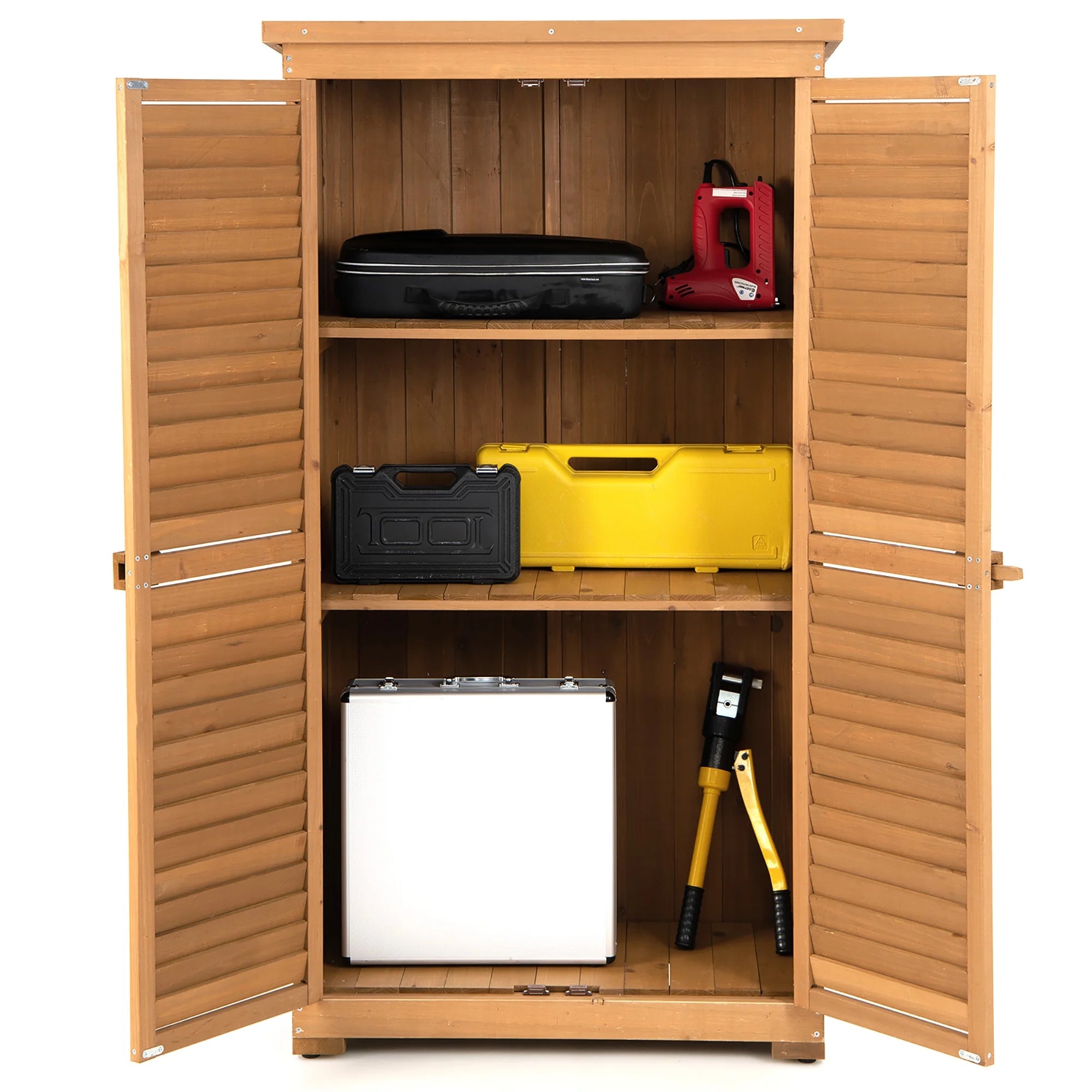 Costway Waterproof Fir Wood Storage Shed Garden, 34.5" x 16.5" x 63", Natural