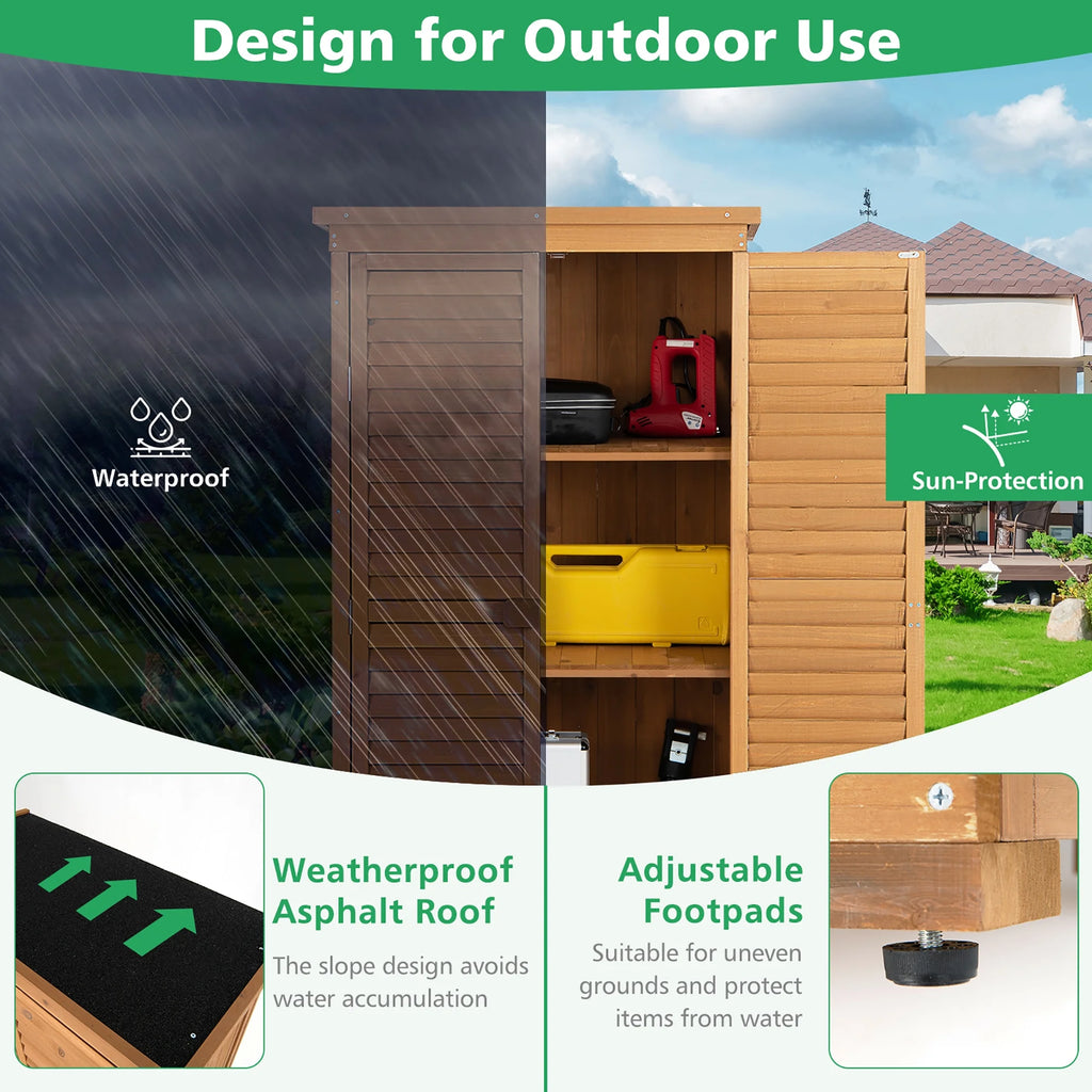 Costway Waterproof Fir Wood Storage Shed Garden, 34.5" x 16.5" x 63", Natural