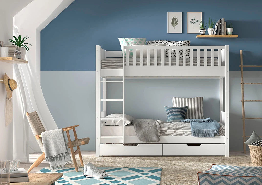 Lit superposé enfant blanc 2 places avec deux tiroirs de rangement