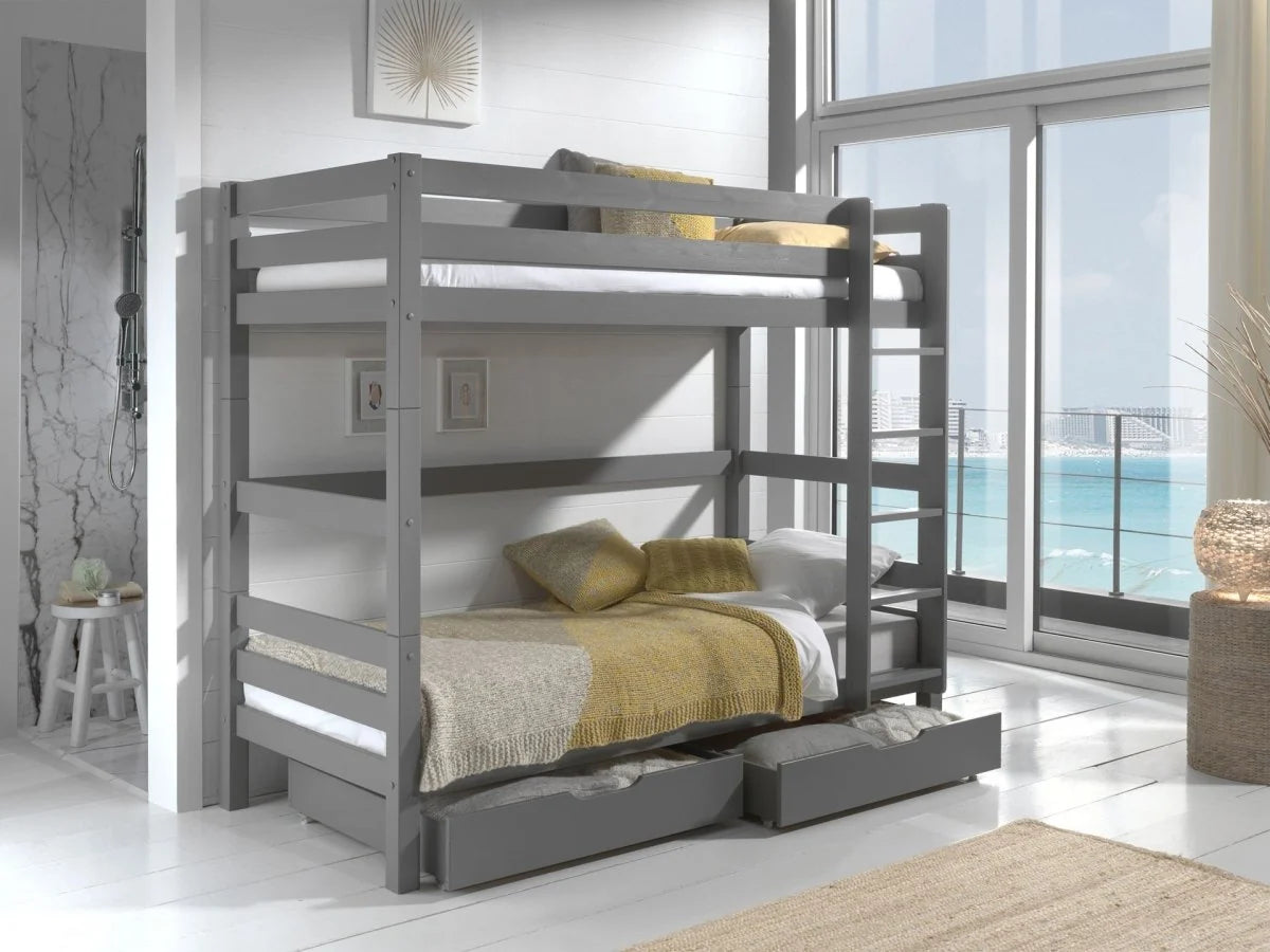 Lit superposé enfant gris 90x200 cm hauteur 182 cm en pin massif avec sommier