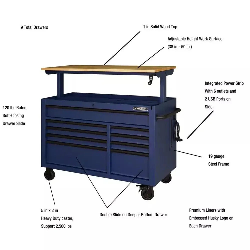 52-Inch 9-Drawer Mobile Workbench with Adjustable Height Wood Top, Heavy Duty Rolling Tool Cabinet