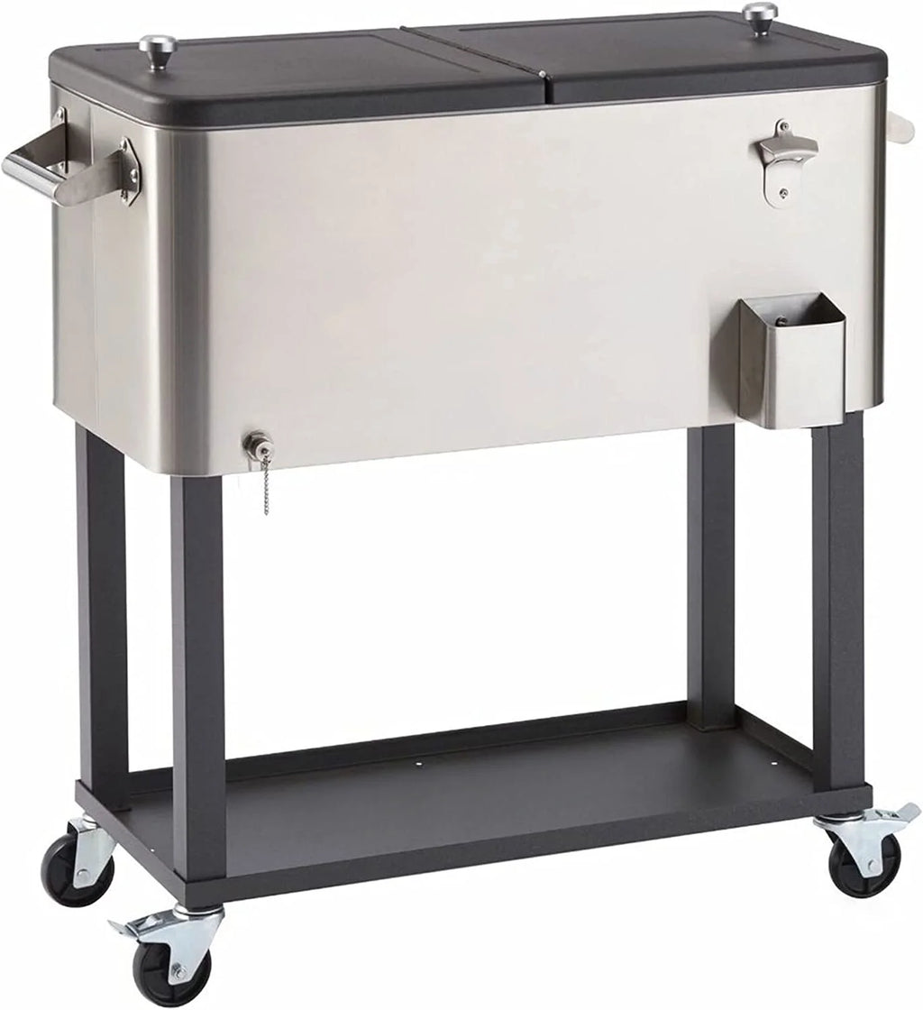 100 Quart Stainless Steel Cooler with Cover, Rolling Wheels, Bottle Opener and Outdoor Beverage Storage