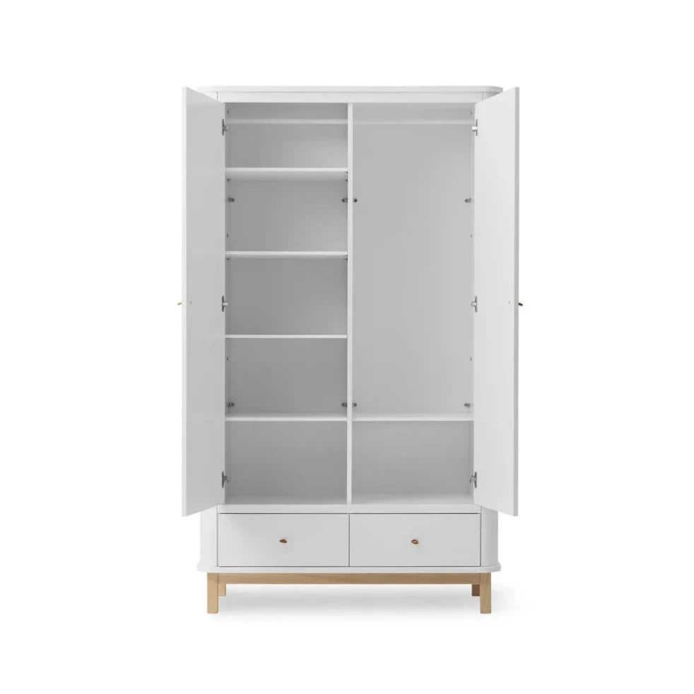 Armoire blanc et chêne 2 portes avec penderie, tiroirs et étagères ajustables