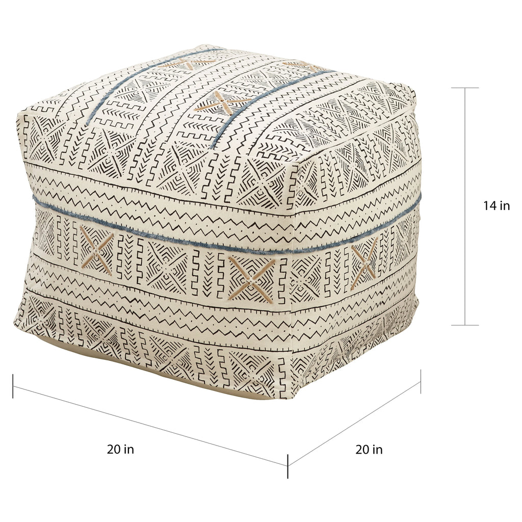 Saro Lifestyle PU663.W 20 x 20 x 14 in. Abstract Design Mudcloth Pouf, White