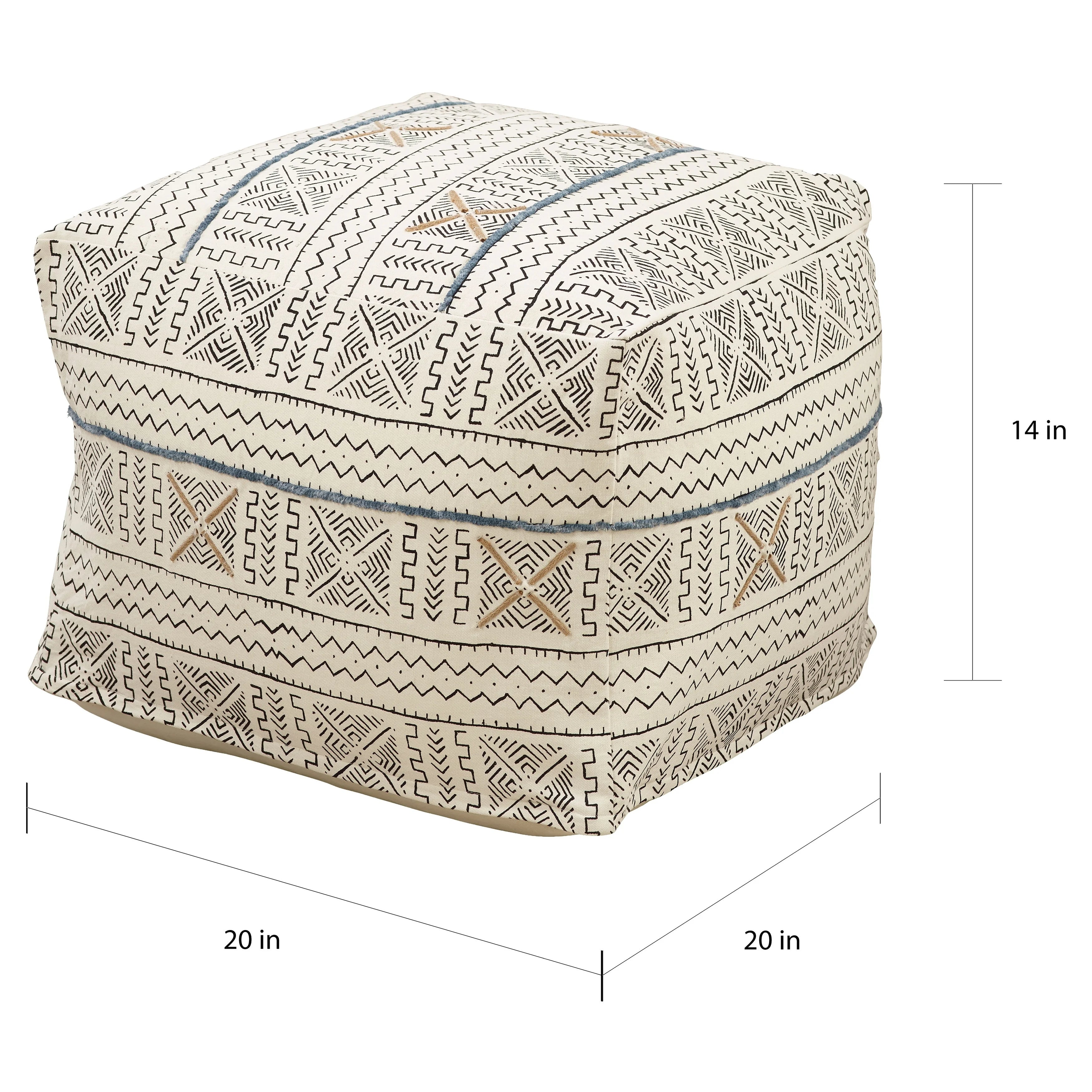 Saro Lifestyle PU663.W 20 x 20 x 14 in. Abstract Design Mudcloth Pouf, White