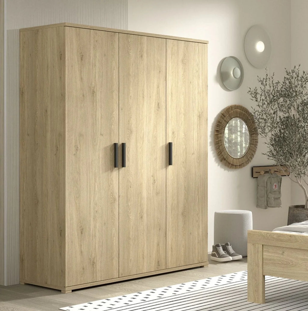 Armoire enfant effet chêne 3 portes avec 6 étagères et tringle