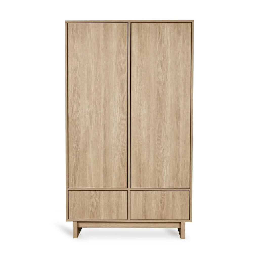Armoire frêne miel 2 portes avec tiroirs, penderies et étagères réglables