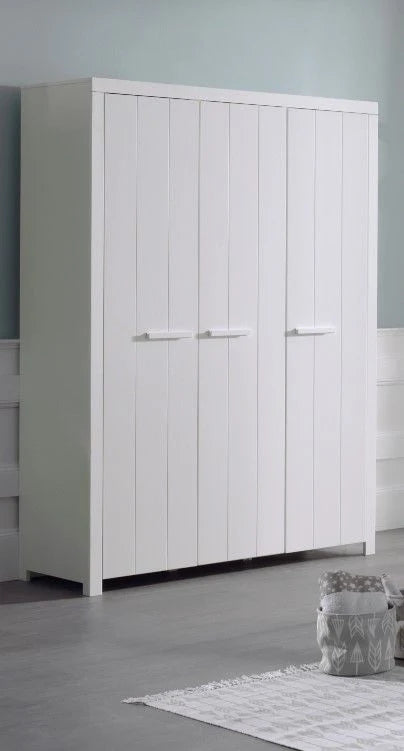 Armoire enfant blanche 3 portes avec 6 étagères et tringle